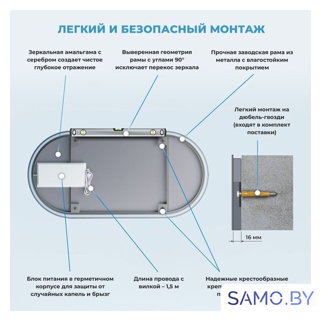 Wellsee Зеркало с фоновой LED-подсветкой 7 Rays' Spectrum 172201960, 120 x 60 см (с сенсором и регулировкой яркости освещения) - Изображение №7 — Интернет-магазин samo.by