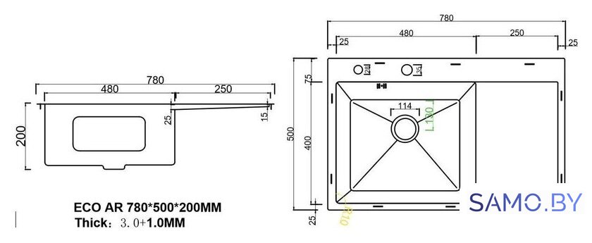 Кухонная мойка ARFEKA ECO AR 780*500 L BLACK PVD NANO - Изображение №3 — Интернет-магазин samo.by