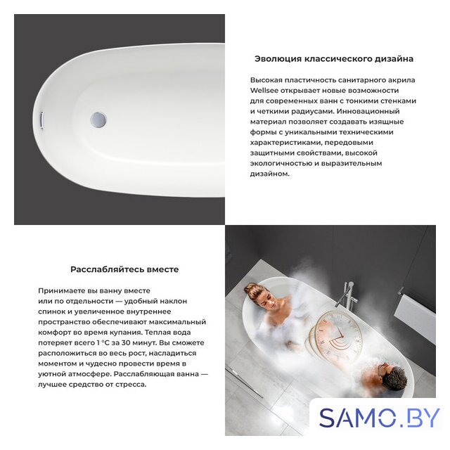 Ванна Wellsee Paradise Story 180x80 236602003 (отдельностоящая ванна белый глянец, экран, ножки, сифон-автомат матовый черный) - Изображение №4 — Интернет-магазин samo.by