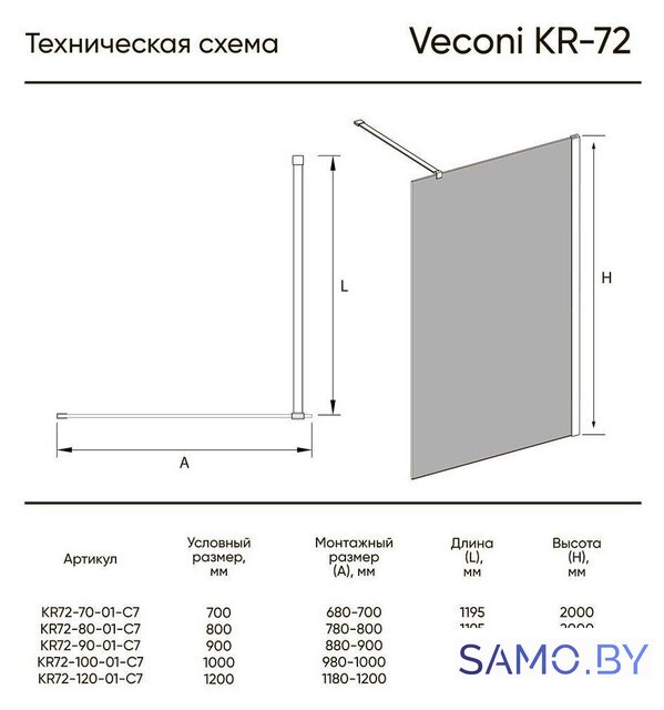 Душевая стенка Veconi KR-72 KR72-120-01-C7 - Изображение №2 — Интернет-магазин samo.by
