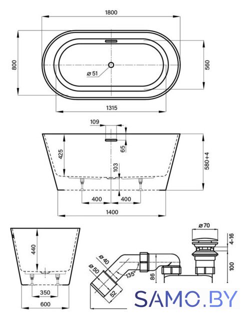 Ванна Wellsee Shell 180x80 28170401R (отдельностоящая ванна белый глянец, экран, ножки, сифон-автомат хром) - Изображение №10 — Интернет-магазин samo.by