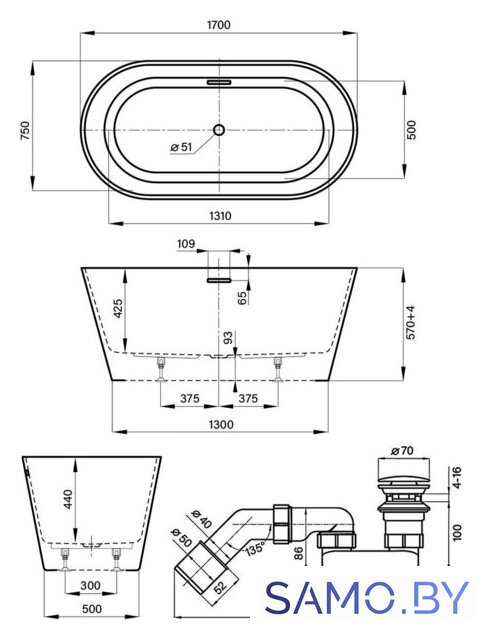 Ванна Wellsee Shell 170x75 28170303R (отдельностоящая ванна белый глянец, экран, ножки, сифон-автомат матовый черный) - Изображение №10 — Интернет-магазин samo.by