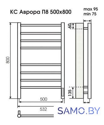 Полотенцесушитель TERMINUS Аврора П8 500x800 9005 электро (черный) - Изображение №3 — Интернет-магазин samo.by
