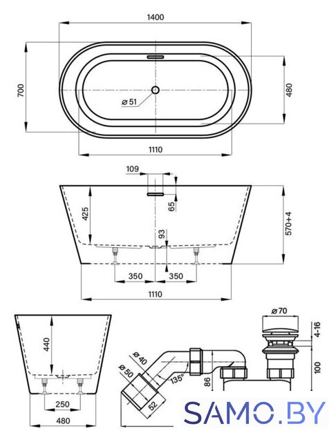Ванна Wellsee Shell 140x70 28170104R (отдельностоящая ванна белый глянец, экран, ножки, сифон-автомат золото) - Изображение №10 — Интернет-магазин samo.by