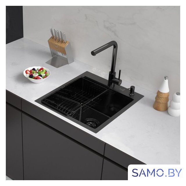 Кухонная мойка ARFEKA ECO AR мойка 450*500, коландер F, дозатор BLACK - Изображение №1 — Интернет-магазин samo.by