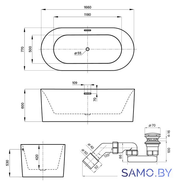 Ванна Wellsee Chalice Perfection 166x77 230602004 (отдельностоящая ванна матовый белый, экран, ножки, сифон-автомат золото) - Изображение №10 — Интернет-магазин samo.by