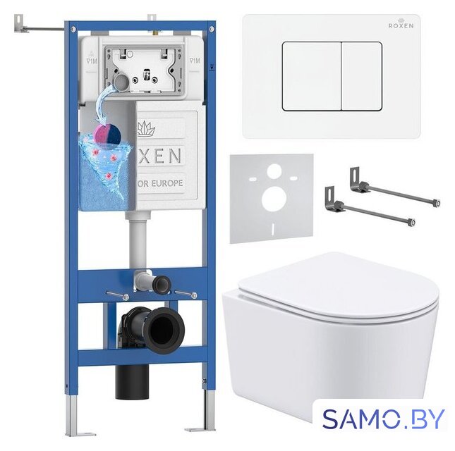 Унитаз подвесной Roxen Simple Compact в комплекте с инсталляцией StounFix Dual Fresh 6 в 1 868627 (кнопка: брашированное золото матовая) - Изображение №1 — Интернет-магазин samo.by