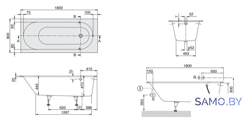 Ванна Villeroy & Boch Oberon 160x75 UBQ160OBE2V - Изображение №2 — Интернет-магазин samo.by