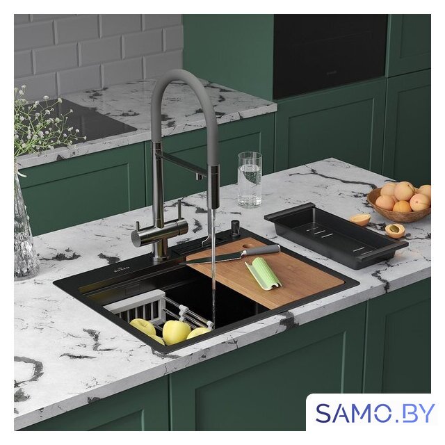 Кухонная мойка Roxen Stage 560250-60B PVD графит (c держателем для ножей, двумя коландерами, разделочной доской и дозатором) - Изображение №2 — Интернет-магазин samo.by