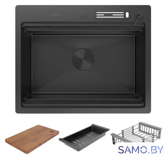 Кухонная мойка Roxen Stage 560250-60B PVD графит (c держателем для ножей, двумя коландерами, разделочной доской и дозатором) - Изображение №3 — Интернет-магазин samo.by