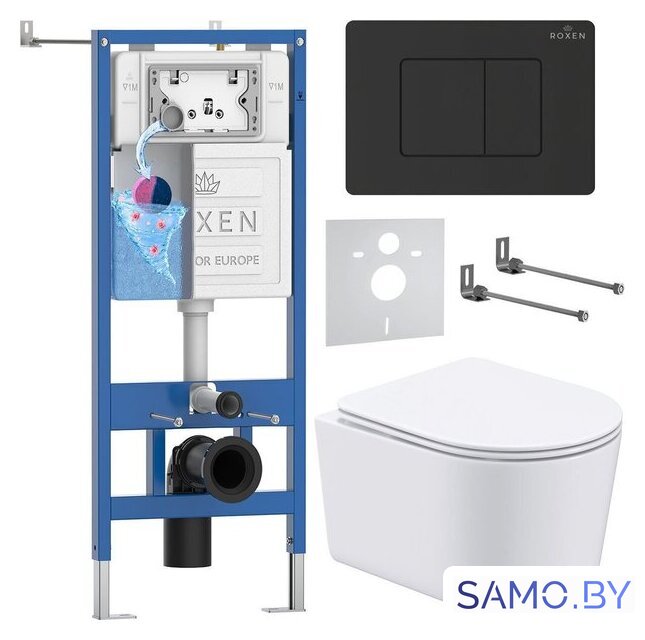 Унитаз подвесной Roxen Simple Compact в комплекте с инсталляцией StounFix Dual Fresh 6 в 1 868597 (кнопка: оружейная сталь матовая) - Изображение №1 — Интернет-магазин samo.by