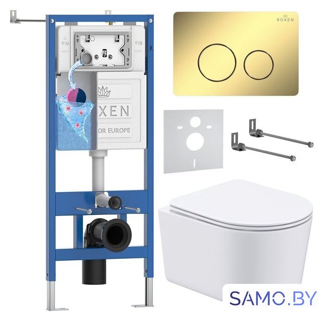 Унитаз подвесной Roxen Simple Compact в комплекте с инсталляцией StounFix Dual Fresh 6 в 1 868468 (кнопка: золото глянцевая) - Изображение №1 — Интернет-магазин samo.by