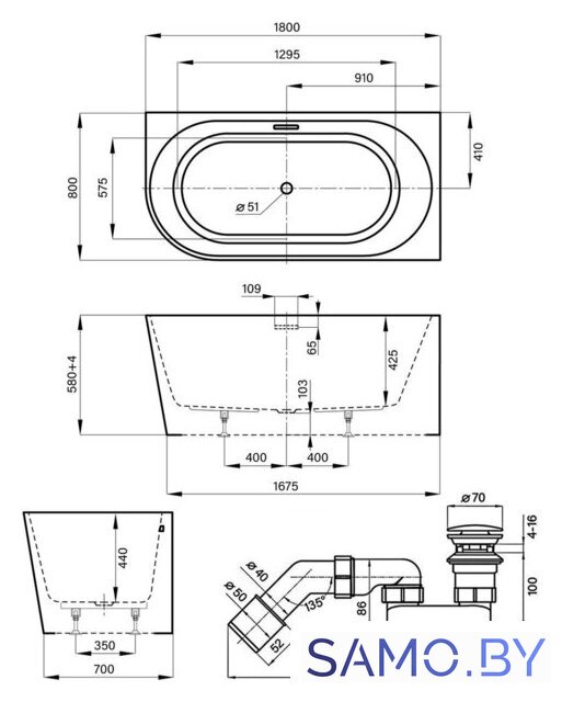 Ванна Wellsee Excellence Pro 180x80 28761202R (пристенная ванна (правая) белый глянец, экран, ножки, сифон-автомат глянцевый белый) - Изображение №10 — Интернет-магазин samo.by