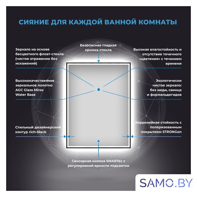  Wellsee Зеркало с фронтальной LED-подсветкой 7 Rays' Spectrum 172201140, 50 х 60 см (с сенсором и регулировкой яркости освещения) - Изображение №3 — Интернет-магазин samo.by