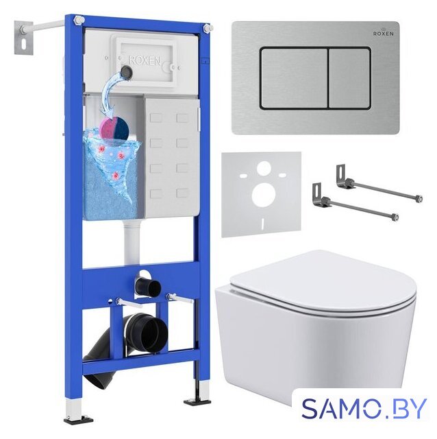Унитаз подвесной Roxen Simple compact в комплекте с инсталляцией StounFix Dual Fresh 6 в 1 968486 (кнопка: сатин) - Изображение №1 — Интернет-магазин samo.by