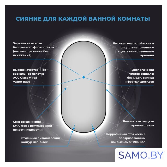  Wellsee Зеркало с фоновой LED-подсветкой 7 Rays' Spectrum 172201560, 60 х 120 см (с сенсором и регулировкой яркости освещения) - Изображение №3 — Интернет-магазин samo.by