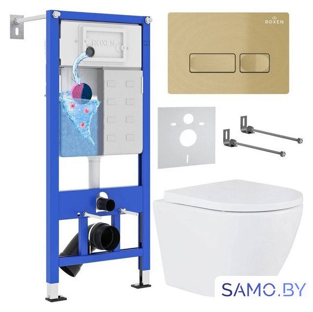 Унитаз подвесной Roxen Antares в комплекте с инсталляцией StounFix Dual Fresh 6 в 1 968050 (кнопка: брашированное золото) - Изображение №1 — Интернет-магазин samo.by