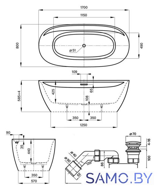 Ванна Wellsee Pro Line 170x80 28750103R (отдельностоящая ванна белый глянец, экран, ножки, сифон-автомат матовый черный) - Изображение №10 — Интернет-магазин samo.by