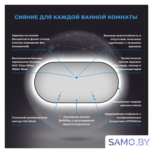  Wellsee Зеркало с фоновой LED-подсветкой 7 Rays' Spectrum 172201550, 100 х 55 см (с сенсором и регулировкой яркости освещения) - Изображение №3 — Интернет-магазин samo.by