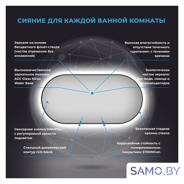  Wellsee Зеркало с фоновой LED-подсветкой 7 Rays' Spectrum 172201530, 90 х 50 см (с сенсором и регулировкой яркости освещения) - Изображение №3 — Интернет-магазин samo.by