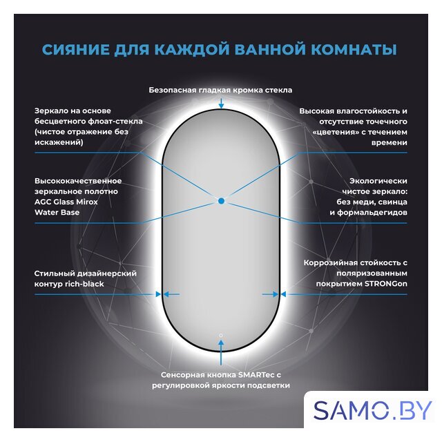  Wellsee Зеркало с фоновой LED-подсветкой 7 Rays' Spectrum 172201520, 50 х 90 см (с сенсором и регулировкой яркости освещения) - Изображение №3 — Интернет-магазин samo.by