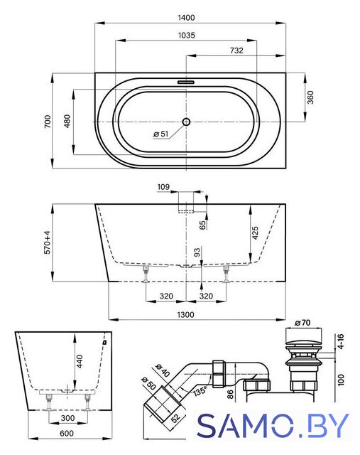 Ванна Wellsee Excellence Pro 140x70 28760904R (пристенная ванна (правая) белый глянец, экран, ножки, сифон-автомат золото) - Изображение №10 — Интернет-магазин samo.by