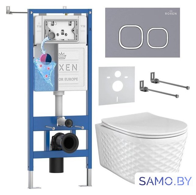 Унитаз подвесной Roxen Vine Tornado в комплекте с инсталляцией StounFix Dual Fresh 6 в 1 979019 (кнопка: серый гранит) - Изображение №1 — Интернет-магазин samo.by