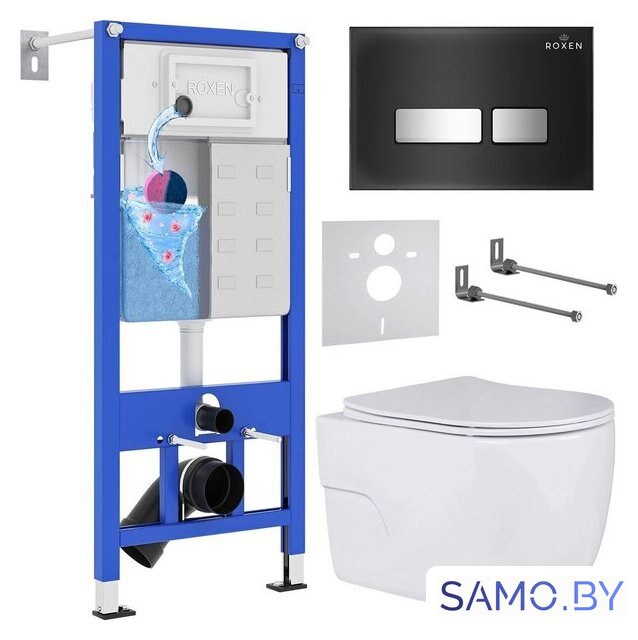Унитаз подвесной Roxen Porto One Rimless 6 в 1 StounFix Dual Fresh 646666 (чёрное стекло) - Изображение №1 — Интернет-магазин samo.by