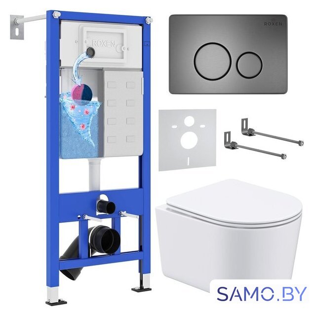 Унитаз подвесной Roxen Simple Compact в комплекте с инсталляцией StounFix Dual Fresh 6 в 1 963592 (кнопка: оружейная сталь) - Изображение №1 — Интернет-магазин samo.by