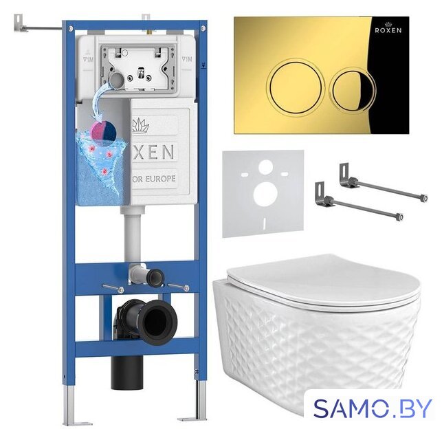 Унитаз подвесной Roxen Vine Tornado в комплекте с инсталляцией StounFix Dual Fresh 6 в 1 979013 (кнопка: золото глянцевое) - Изображение №1 — Интернет-магазин samo.by