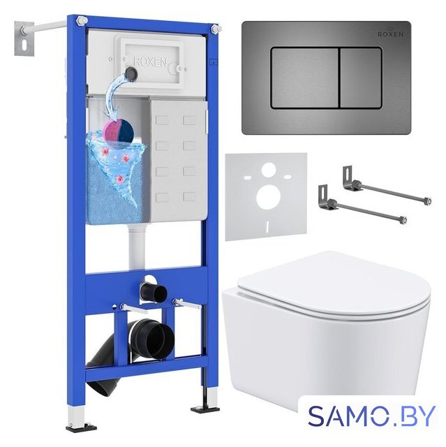Унитаз подвесной Roxen Simple Compact в комплекте с инсталляцией StounFix Dual Fresh 6 в 1 954681 (кнопка: оружейная сталь) - Изображение №1 — Интернет-магазин samo.by