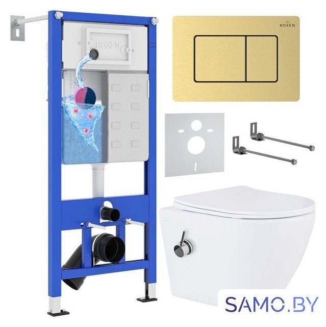 Унитаз подвесной Roxen Antares Bidet в комплекте с инсталляцией StounFix Dual Fresh 6 в 1 968457 (кнопка: брашированное золото) - Изображение №1 — Интернет-магазин samo.by