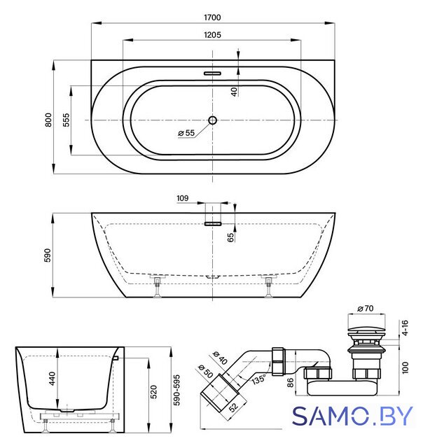 Ванна Wellsee Belle Spa 3.0 170x80 235901001 (пристенная ванна белый глянец, экран, ножки, сифон-автомат хром) - Изображение №10 — Интернет-магазин samo.by