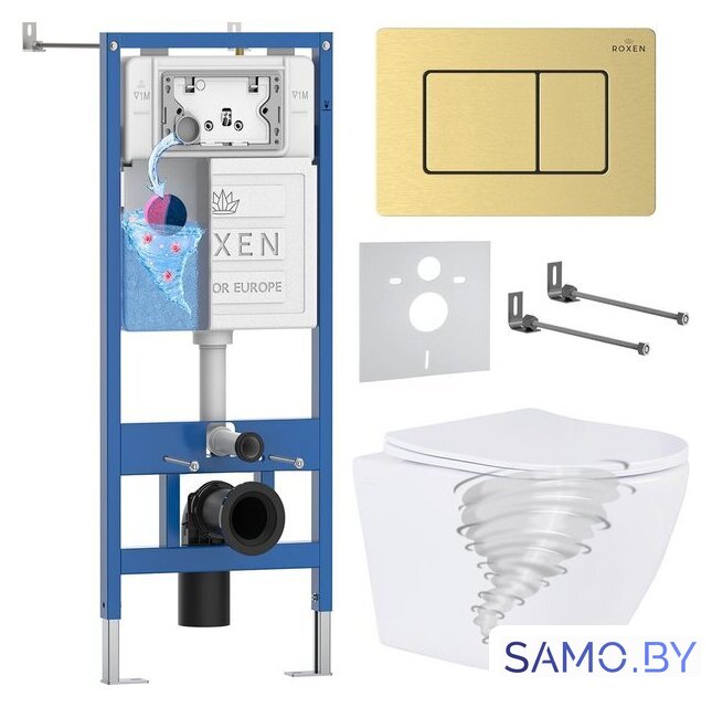 Унитаз подвесной Roxen Antares Tornado Long в комплекте с инсталляцией StounFix Dual Fresh 6 в 1 868445 (кнопка: брашированное золото матовая) - Изображение №1 — Интернет-магазин samo.by