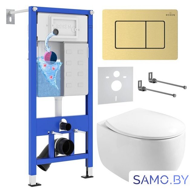 Унитаз подвесной Roxen Egg в комплекте с инсталляцией StounFix Dual Fresh 6 в 1 968475 (кнопка: брашированное золото) - Изображение №1 — Интернет-магазин samo.by