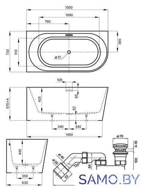 Ванна Wellsee Excellence Pro 150x73 28760604R (пристенная ванна (левая) белый глянец, экран, ножки, сифон-автомат золото) - Изображение №10 — Интернет-магазин samo.by