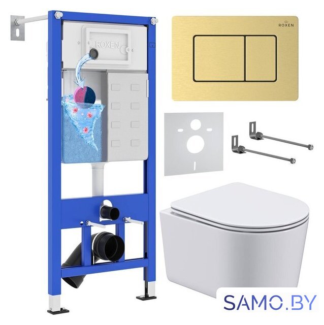 Унитаз подвесной Roxen Simple compact в комплекте с инсталляцией StounFix Dual Fresh 6 в 1 968480 (кнопка: брашированное золото) - Изображение №1 — Интернет-магазин samo.by