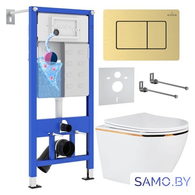 Унитаз подвесной Roxen Antares Gold в комплекте с инсталляцией StounFix Dual Fresh 6 в 1 968460 (кнопка: брашированное золото) - Изображение №1 — Интернет-магазин samo.by