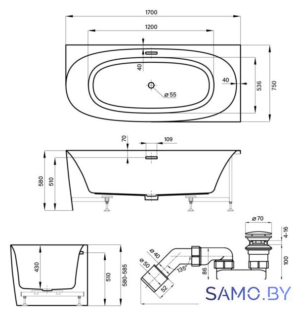 Ванна Wellsee Belle Spa 2.0 170x75 235806001 (пристенная ванна (правая) белый глянец, экран, каркас, сифон-автомат хром) - Изображение №10 — Интернет-магазин samo.by