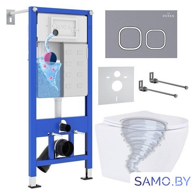 Унитаз подвесной Roxen Antares Tornado Long в комплекте с инсталляцией StounFix Dual Fresh 6 в 1 868438 (кнопка: серый бетон матовая) - Изображение №1 — Интернет-магазин samo.by