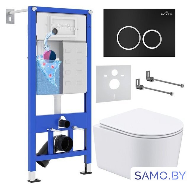 Унитаз подвесной Roxen Simple Compact в комплекте с инсталляцией StounFix Dual Fresh 6 в 1 911522 (кнопка: черный матовый) - Изображение №1 — Интернет-магазин samo.by