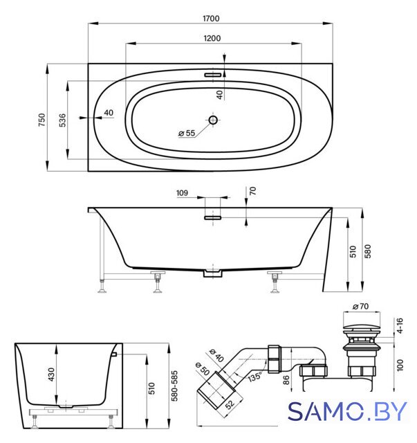 Ванна Wellsee Belle Spa 2.0 170x75 235805004 (пристенная ванна (левая) белый глянец, экран, каркас, сифон-автомат золото) - Изображение №10 — Интернет-магазин samo.by