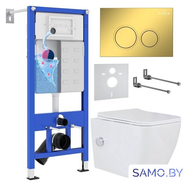 Унитаз подвесной Roxen Cube bidet в комплекте с инсталляцией StounFix Dual Fresh 6 в 1 968094 (кнопка: золото глянцевое ) - Изображение №1 — Интернет-магазин samo.by