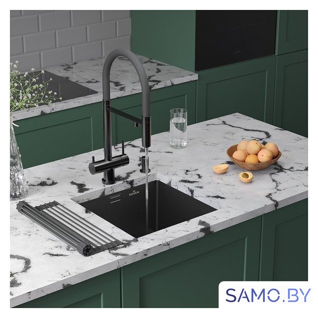 Кухонная мойка Roxen Uno 560210-44B (440*440) PVD графит под столешницу (с ролл-матом и дозатором) - Изображение №2 — Интернет-магазин samo.by