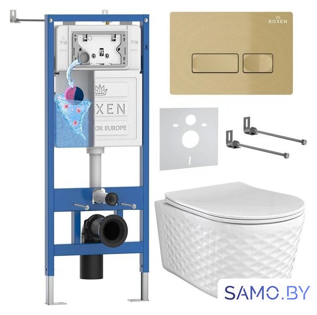 Унитаз подвесной Roxen Vine Tornado в комплекте с инсталляцией StounFix Dual Fresh 6 в 1 979006 (кнопка: брашированное золото) - Изображение №1 — Интернет-магазин samo.by