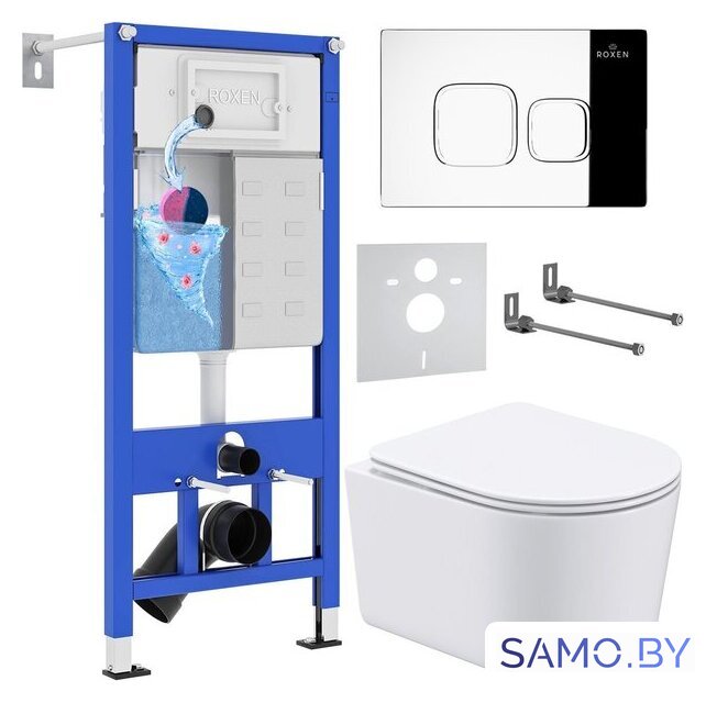 Унитаз подвесной Roxen Simple Compact в комплекте с инсталляцией StounFix Dual Fresh 6 в 1 918025 (кнопка: хром глянец) - Изображение №1 — Интернет-магазин samo.by