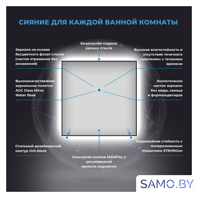  Wellsee Зеркало с фронтальной LED-подсветкой 7 Rays' Spectrum 172200420, 65 х 65 см (с сенсором и регулировкой яркости освещения) - Изображение №3 — Интернет-магазин samo.by