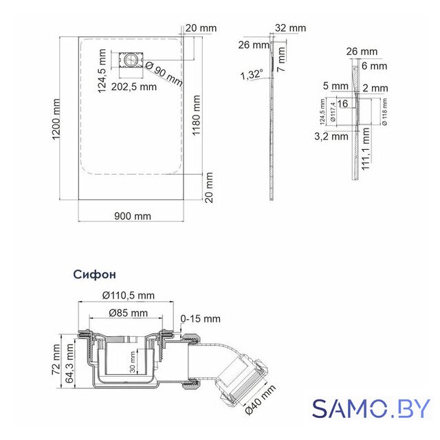 Душевой поддон Wasserkraft Elbe 74T07 - Изображение №2 — Интернет-магазин samo.by