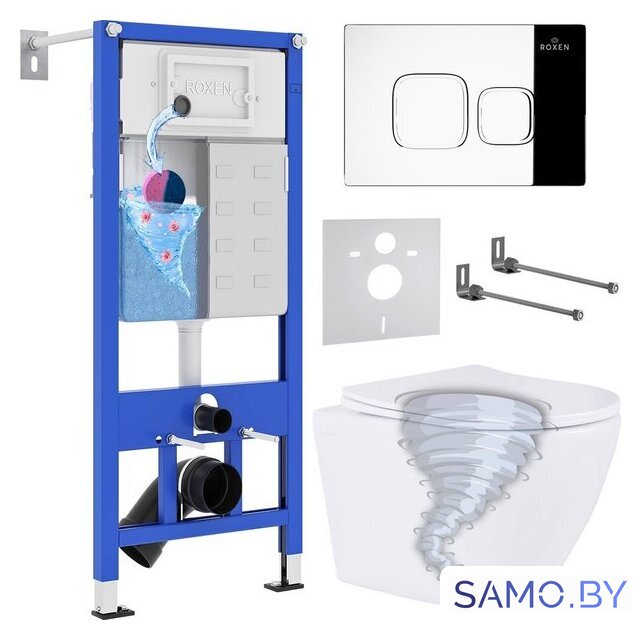 Унитаз подвесной Roxen Antares Tornado Long в комплекте с инсталляцией StounFix Dual Fresh 6 в 1 868434 (кнопка: хром глянцевый глянцевая) - Изображение №1 — Интернет-магазин samo.by