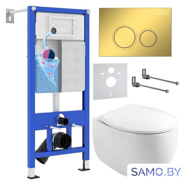 Унитаз подвесной Roxen Egg в комплекте с инсталляцией StounFix Dual Fresh 6 в 1 968031 (кнопка: золото глянцевое ) - Изображение №1 — Интернет-магазин samo.by